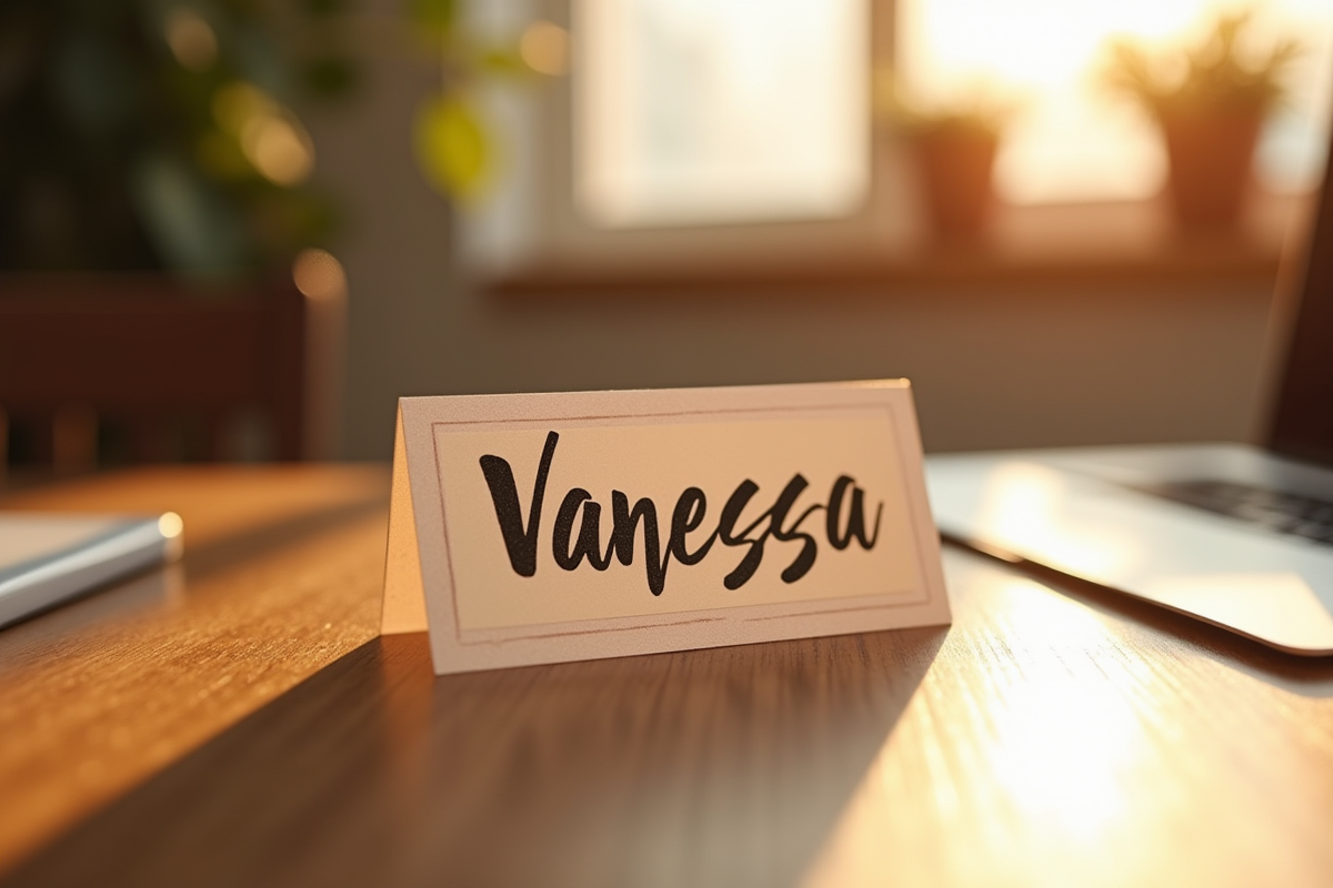 Badge nom Vanessa sur bureau en lumière naturelle