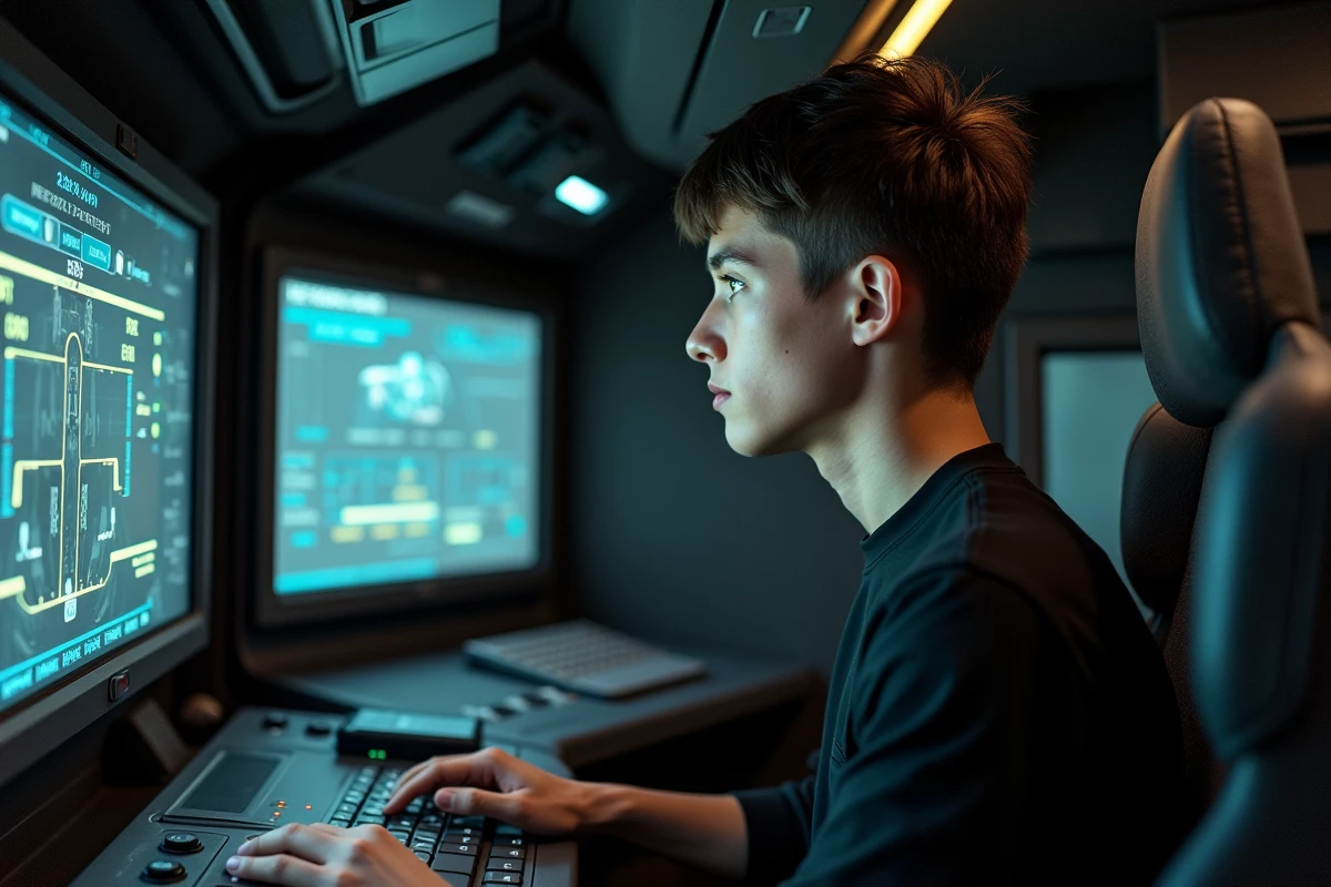 Jeune soldat opérant un écran numérique dans le tank