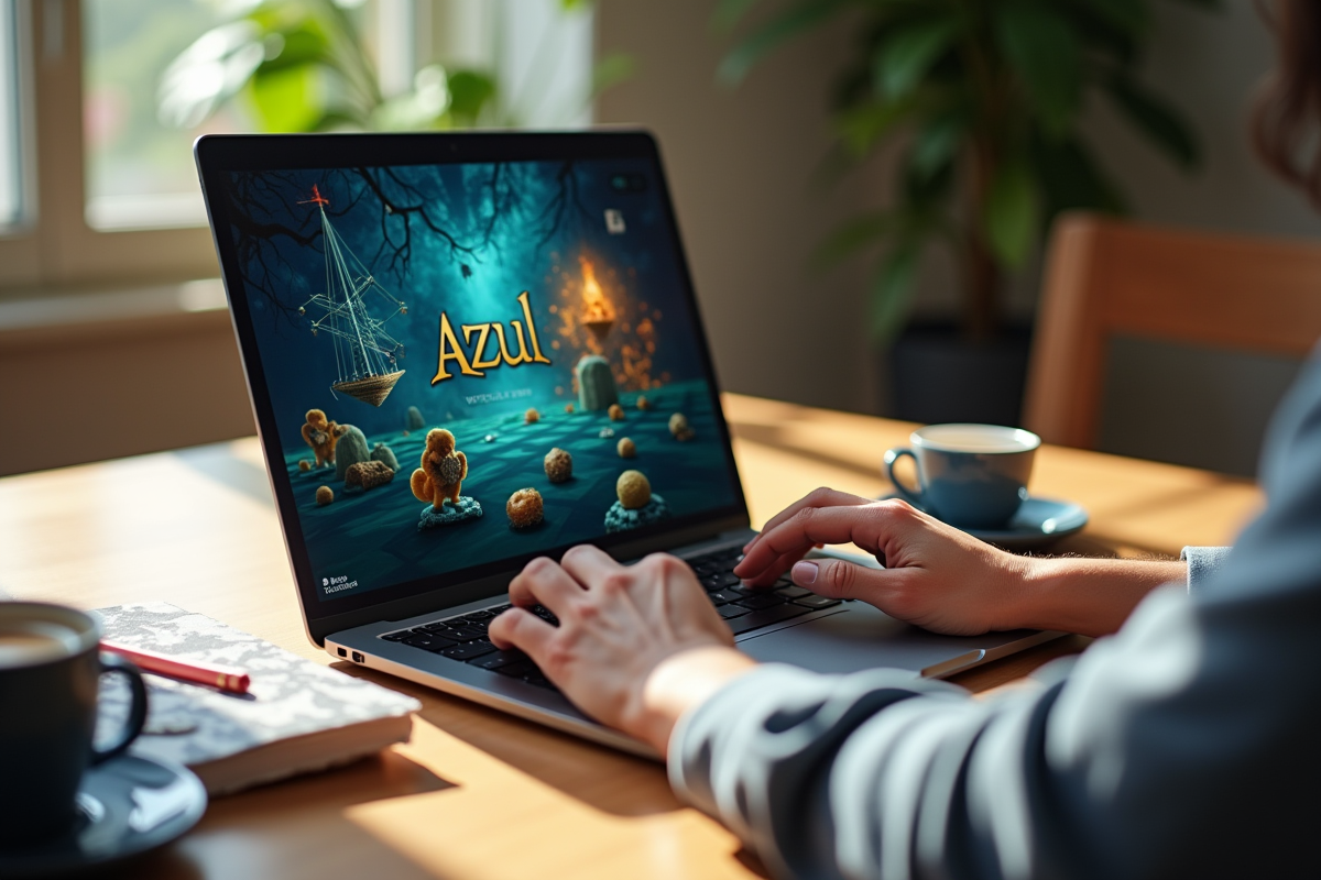 Laptop avec jeu Azul numérique en cours sur une table en bois