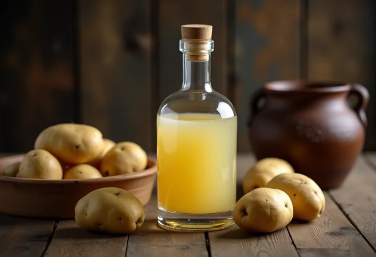 Alcool de pomme de terre en bouteille sur fond neutre