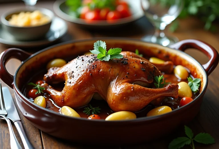 Faisan en cocotte prêt à être servi sur une table élégante