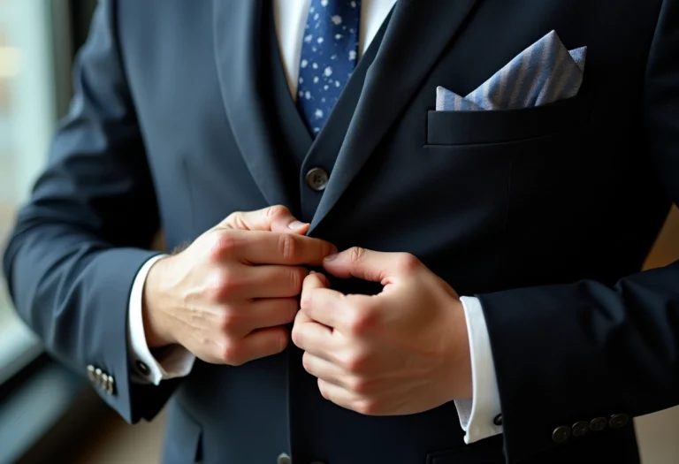 Pochette de costume élégamment pliée sur une table en bois