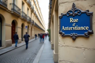 Panneau de rue 'Rue d'Angleterre' sur un mur en pierre dans une ville française, avec des bâtiments haussmanniens et des pavés en arrière-plan