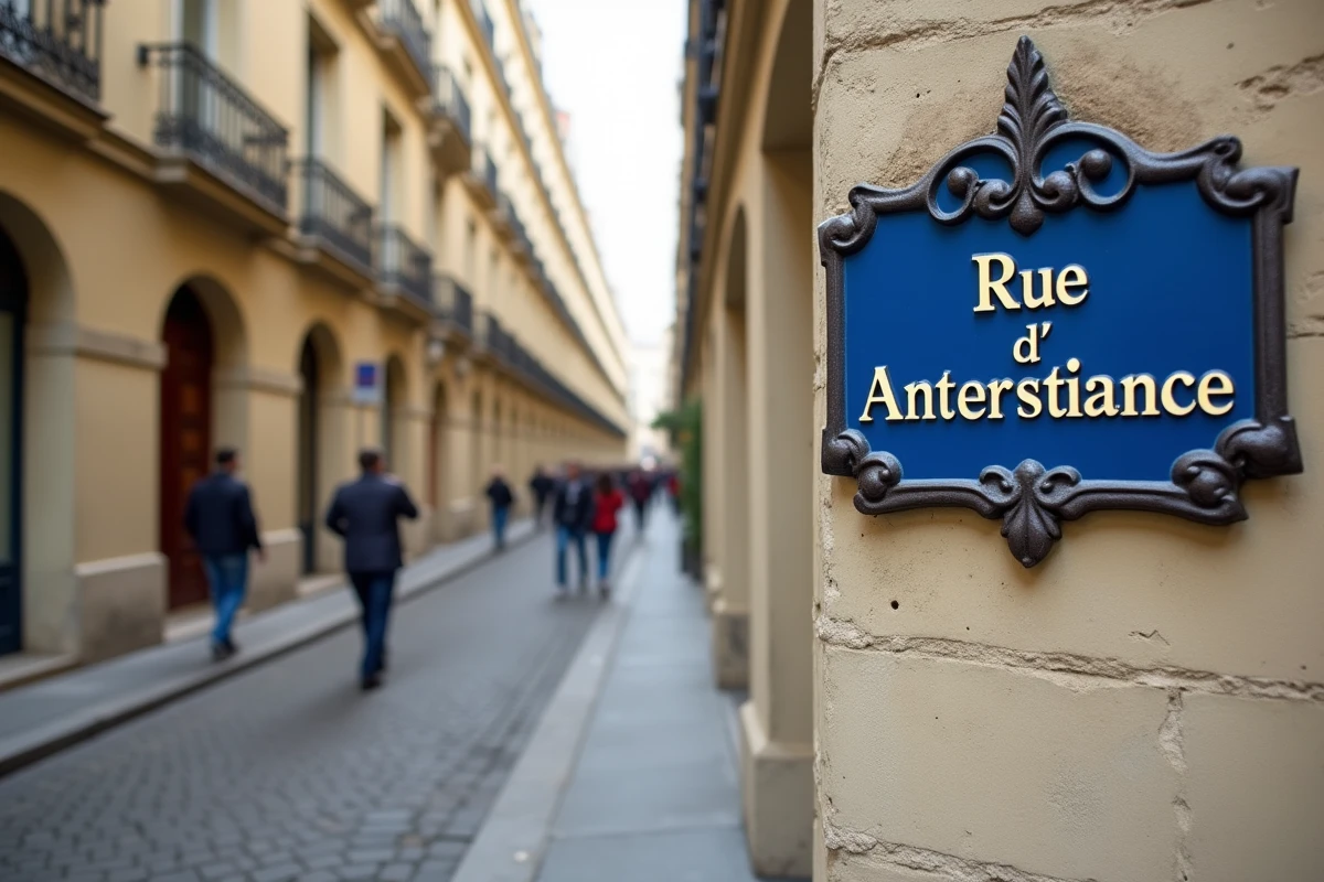 Panneau de rue 'Rue d'Angleterre' sur un mur en pierre dans une ville française, avec des bâtiments haussmanniens et des pavés en arrière-plan