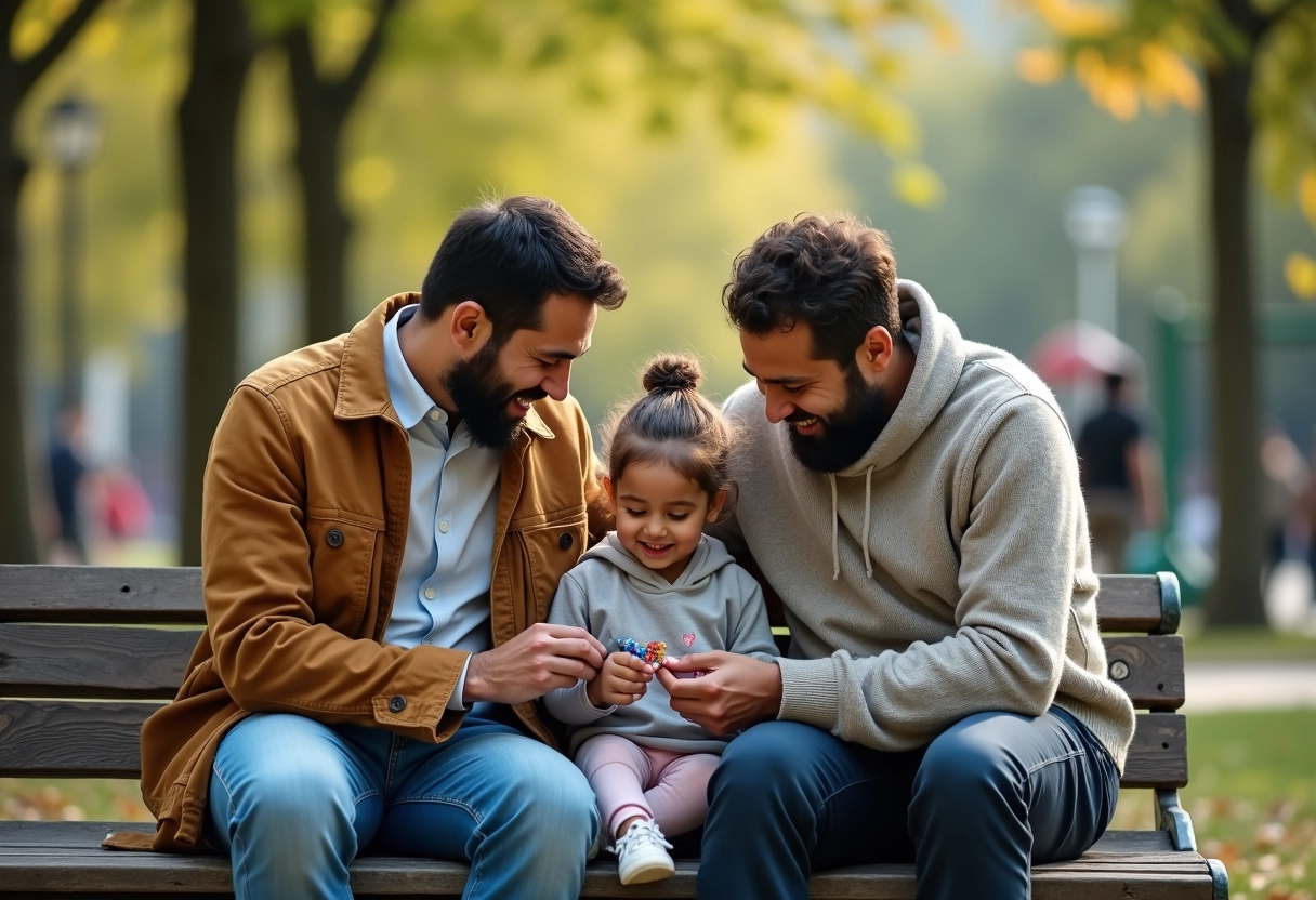Deux pères et leur fille dans un parc en ville