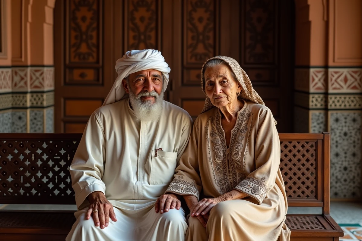 Couple marocain âgé en tenue traditionnelle assis dans un riad orné, symbolisant les racines familiales et l'héritage culturel marocain des parents
