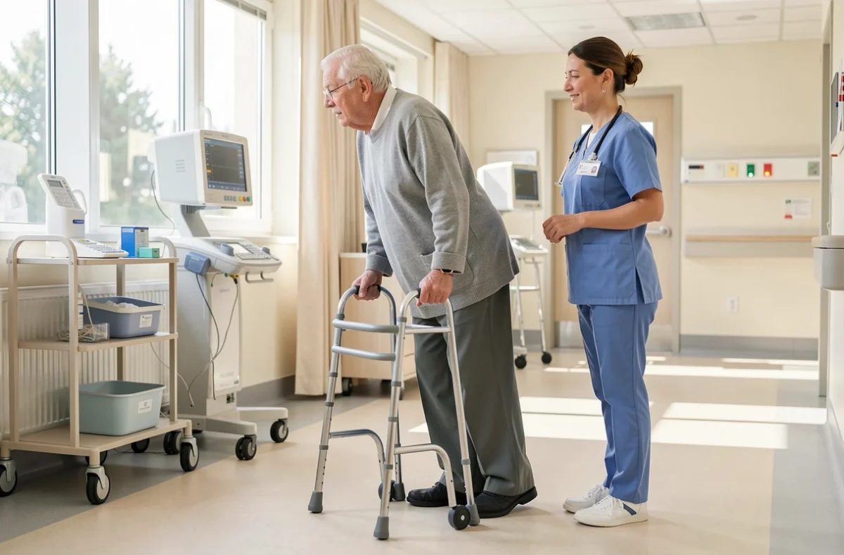 Patient âgé marchant avec un déambulateur accompagné d'une infirmière