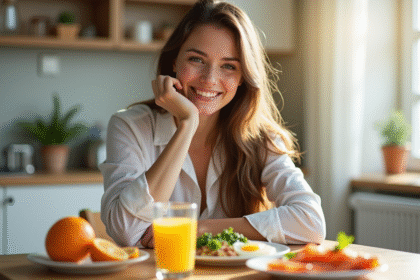 Jeune femme souriante prenant un petit déjeuner riche en vitamine D