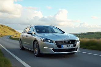 Voiture Peugeot 508 SW sur route de campagne en journée