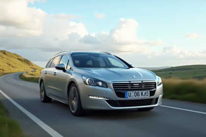 Voiture Peugeot 508 SW sur route de campagne en journée