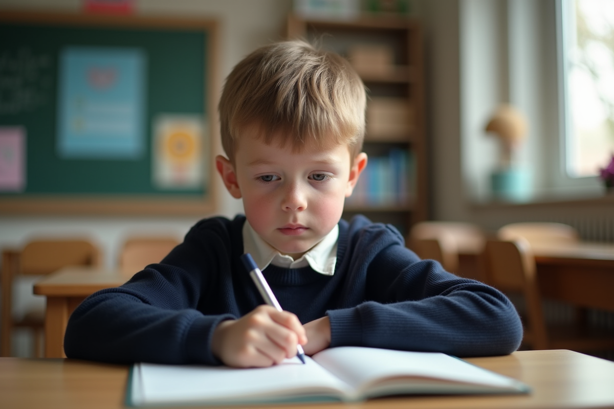 Jeune garçon de 10 ans regarde un cahier dans une classe lumineuse