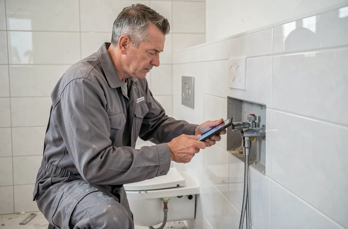 Spécialiste Probat'Inov inspectant une installation sanitaire rénovée avec une tablette