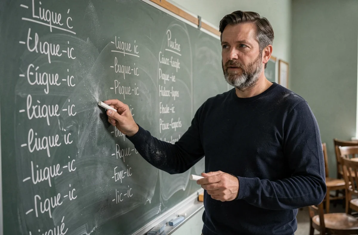 Professeur expliquant les différences de rimes en ique et en ic devant un tableau noir dans une salle de classe universitaire