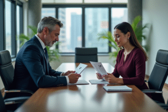 Deux professionnels en réunion dans un bureau moderne avec vue urbaine