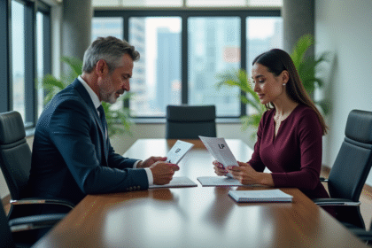 Deux professionnels en réunion dans un bureau moderne avec vue urbaine