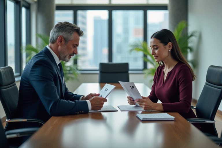 Deux professionnels en réunion dans un bureau moderne avec vue urbaine