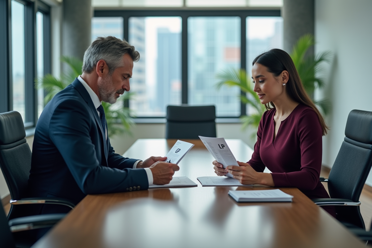 Deux professionnels en réunion dans un bureau moderne avec vue urbaine