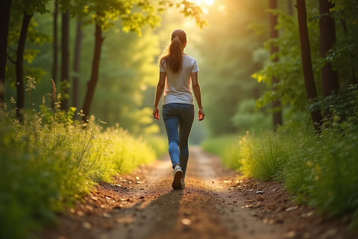 Femme marchant dans une foret ensoleillee vue de dos