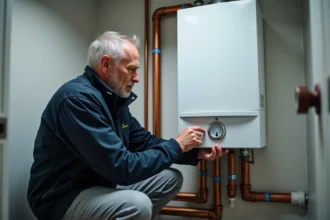 Technicien réglant le thermostat d'une chaudière au fioul dans une chaufferie domestique