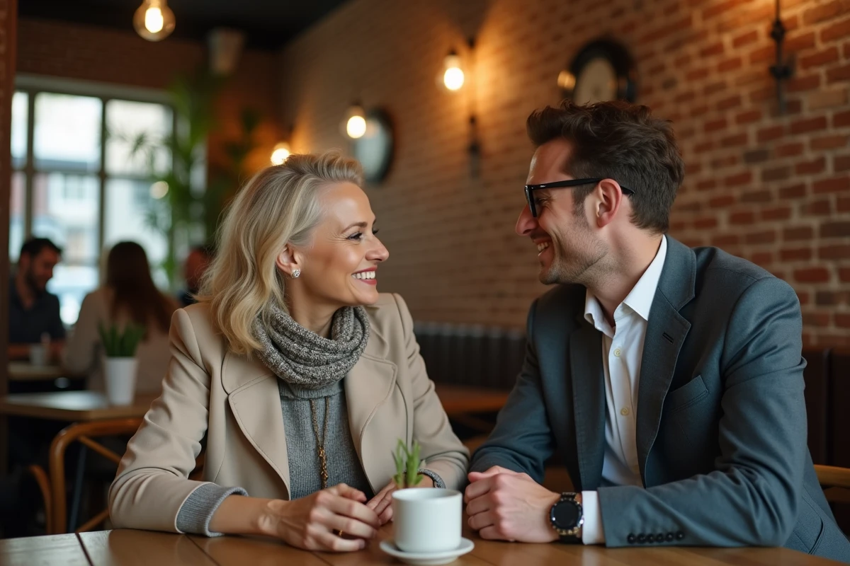 Rencontre entre une femme mature et un homme plus jeune autour d'un café dans un restaurant chaleureux