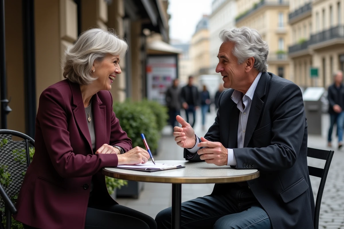 Rencontre entre une femme politique et un auteur satiriste en discussion animée à une terrasse de café parisien, ambiance intellectuelle et urbaine