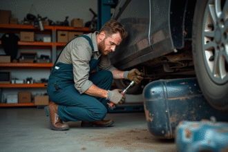 Mecanicien en overalls retire silent bloc sous voiture