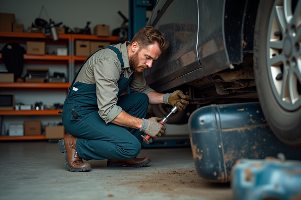 Mecanicien en overalls retire silent bloc sous voiture