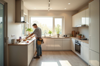 Agent rénovant une cuisine moderne lumineuse avec outils