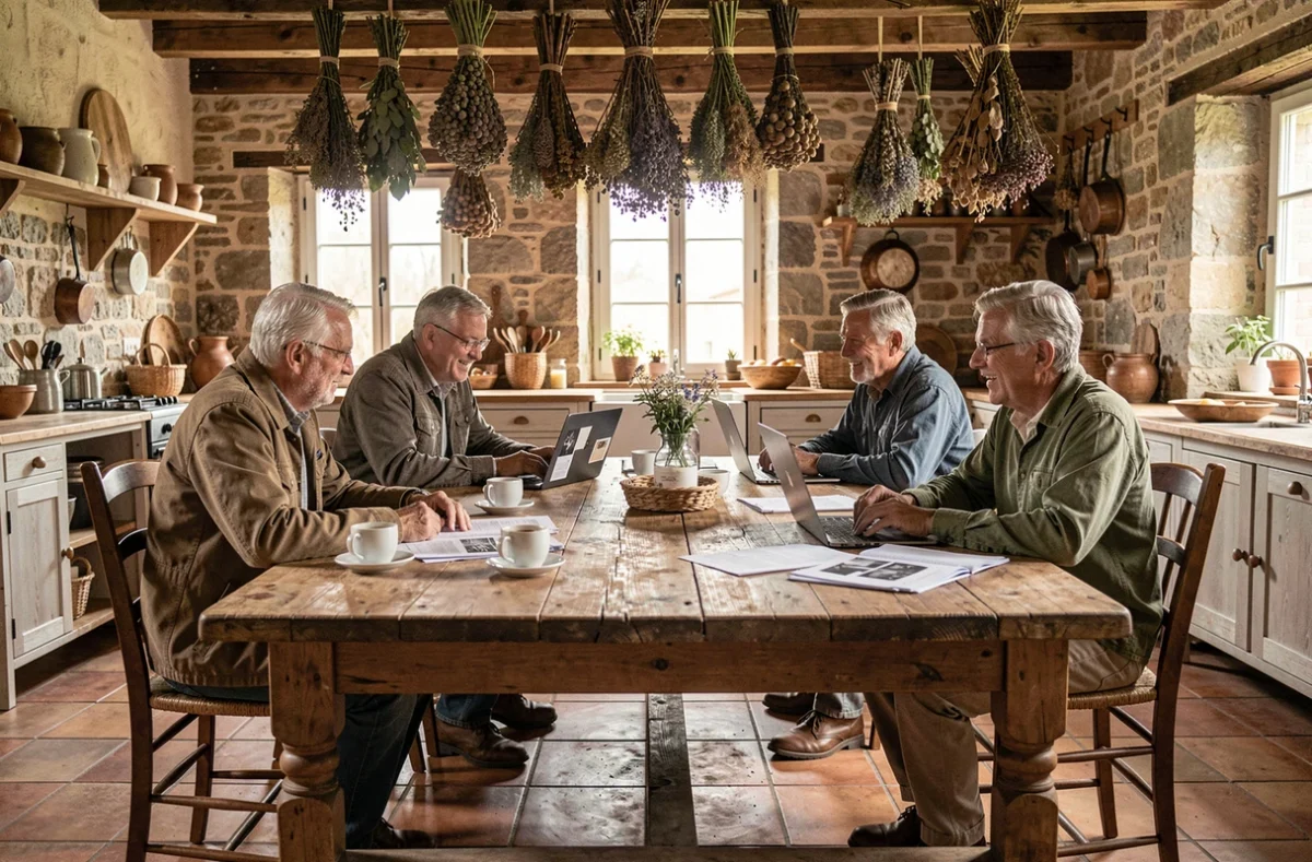 Groupe d'agriculteurs réunis autour d'une table en bois dans une cuisine de ferme pour discuter d'entraide agricole