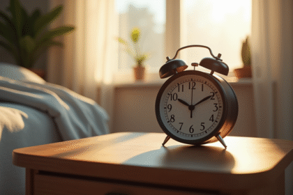 Réveil matin numérique sur table en bois avec lumière douce