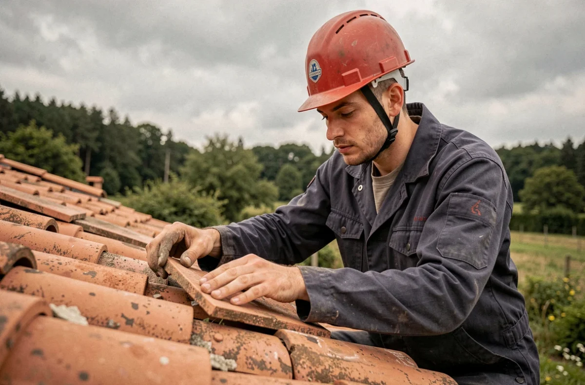 Jeune couvreur Romain Wojtrzyk remplaçant des tuiles en terre cuite sur une ferme traditionnelle en Lorraine