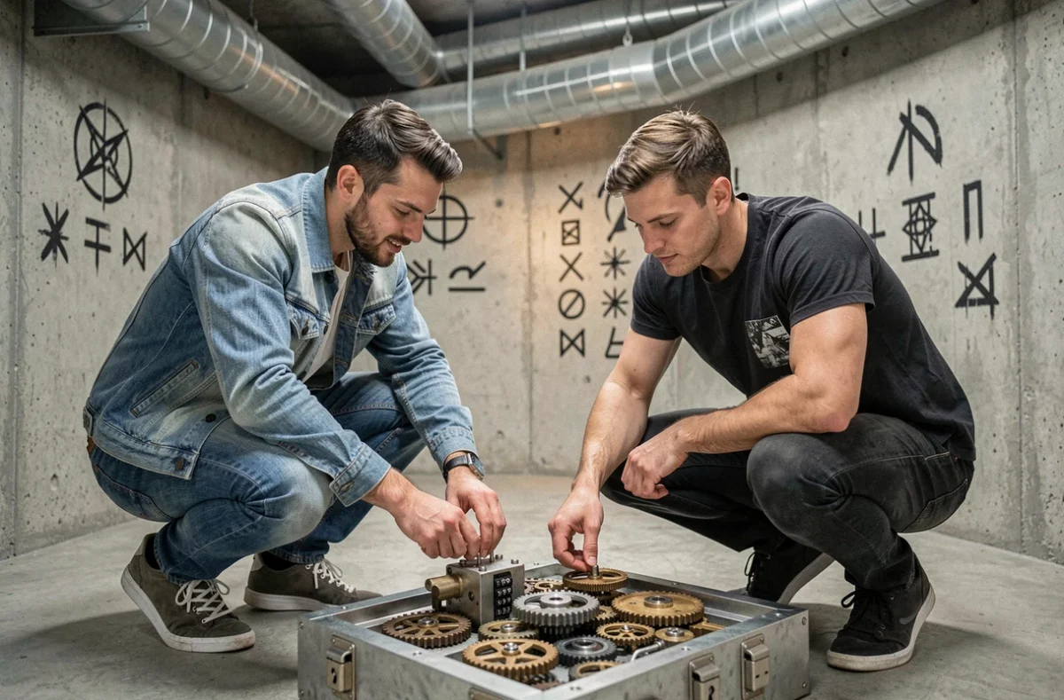 Joueurs en pleine résolution d'énigmes dans la salle industrielle de S-Cape Game à Saint-Étienne