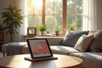 Salon moderne et chaleureux avec tablette Airbnb