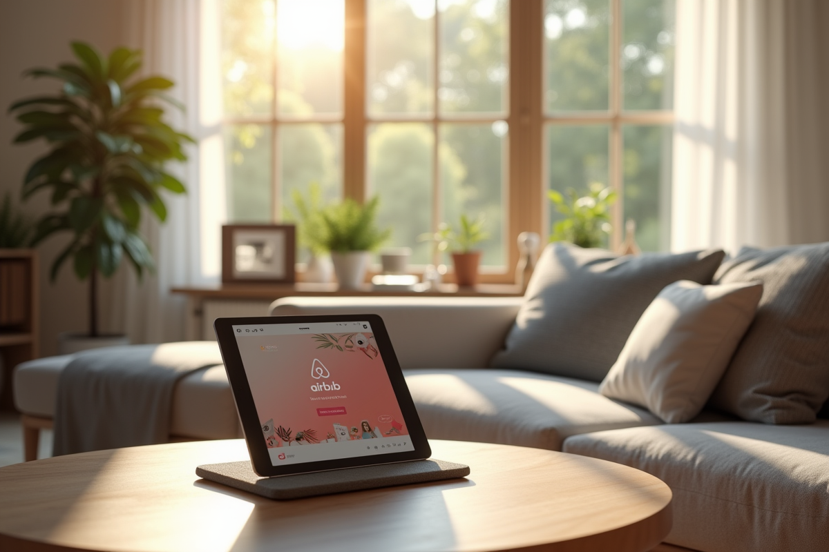 Salon moderne et chaleureux avec tablette Airbnb