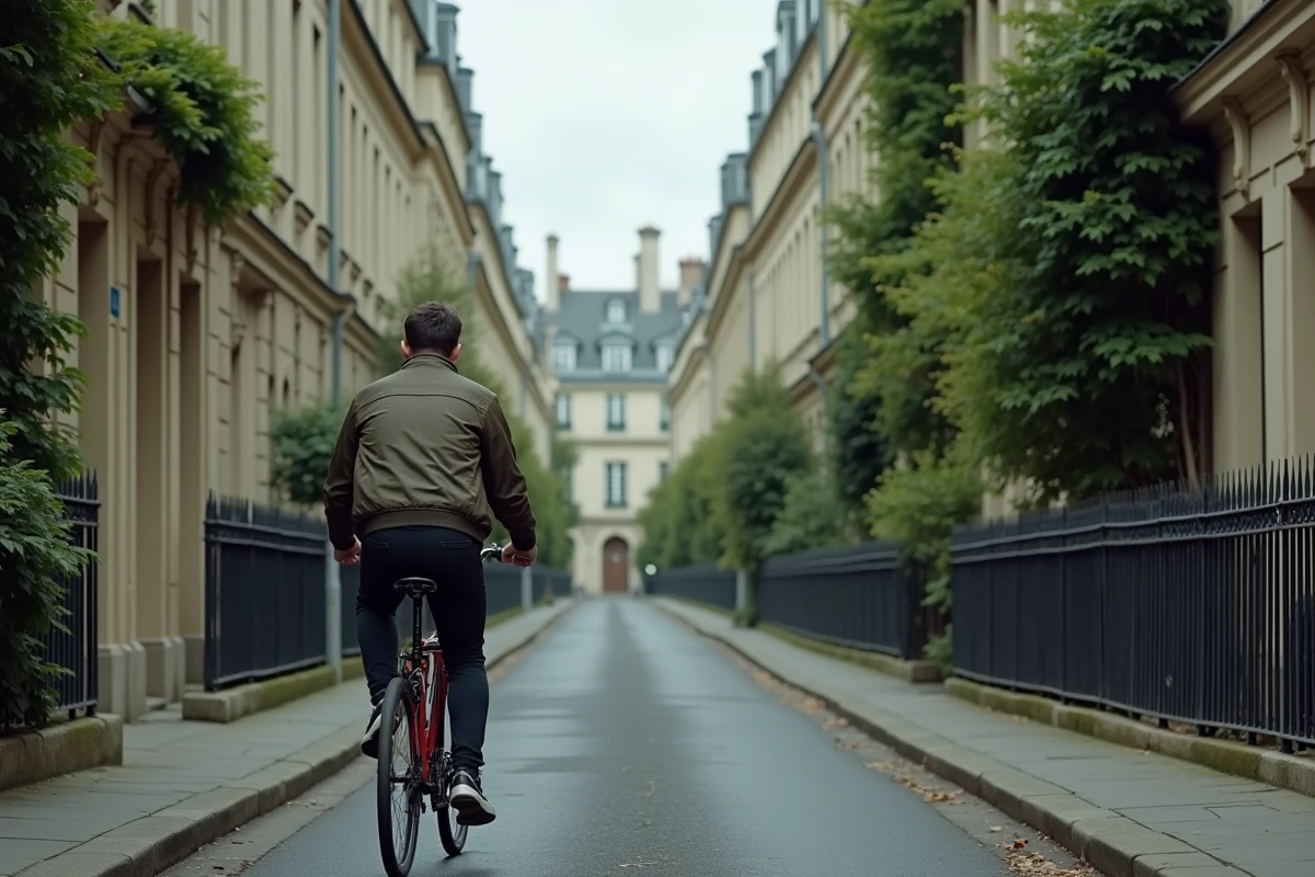 Section résidentielle calme d'une Rue d'Angleterre française avec maisons belle époque, lierre et cycliste passant