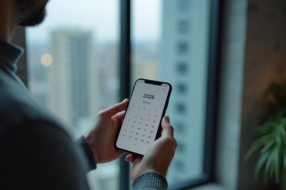 Homme tenant un smartphone affichant l'application calendrier avec la vue annuelle complète de 2026