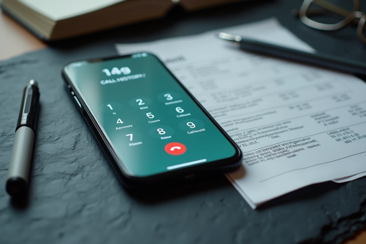 Vue en plongée d'un smartphone affichant un historique d'appels avec numéro indicatif 49 à côté d'une facture mobile