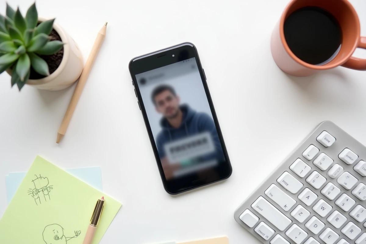 Vue de dessus d'un smartphone affichant un mème viral entouré d'objets de bureau minimalistes