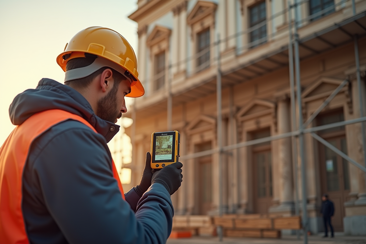 Professionnel mesurant façade d un vieux bâtiment