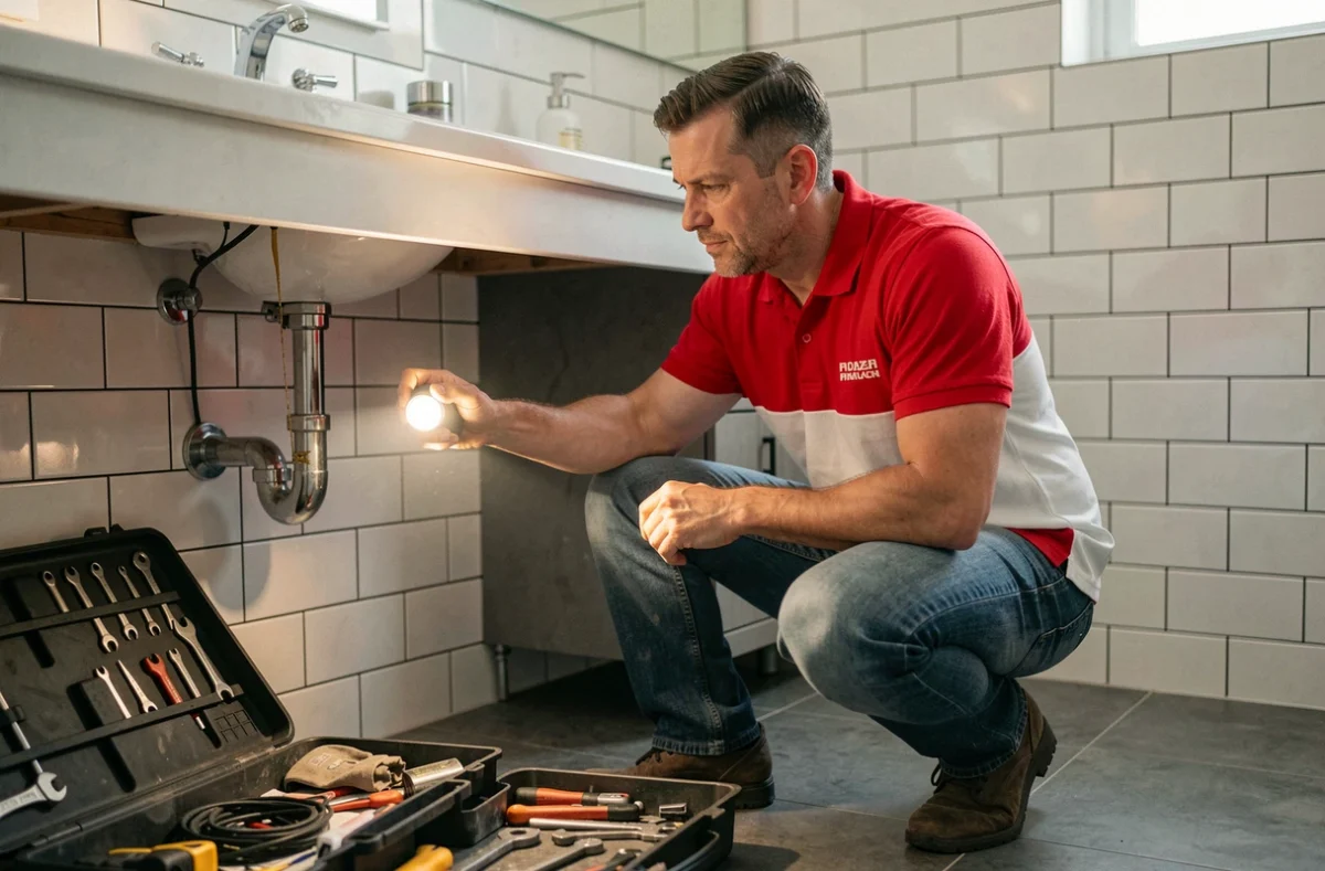 Technicien SOS Homes Services inspectant une fuite sous un lavabo de salle de bain