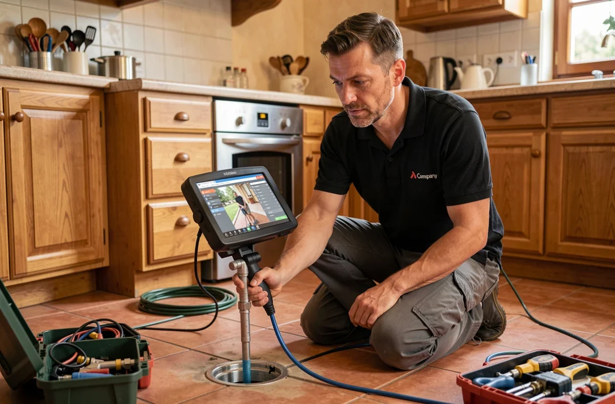 Technicien Stc Robert utilisant une caméra d'inspection pour diagnostiquer un bouchon de canalisation