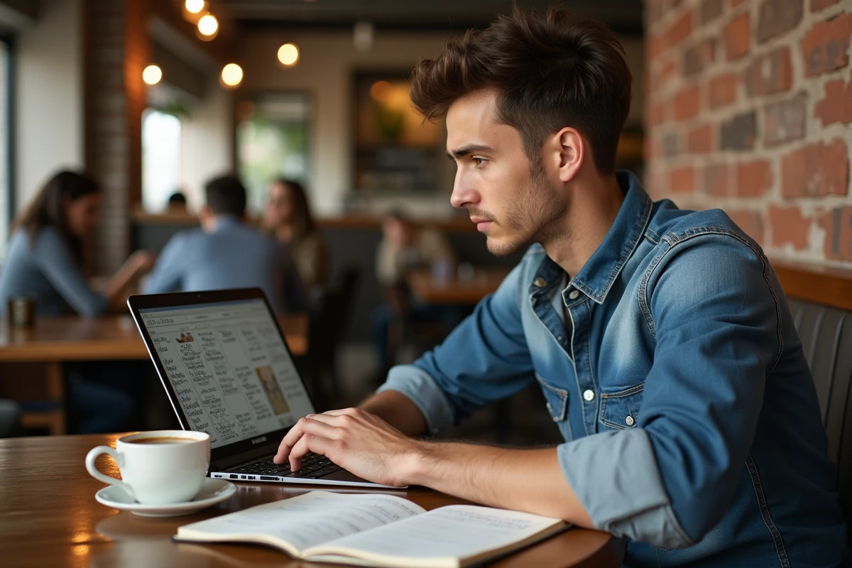 Jeune homme consultant des scans de manga Just Friends VF sur un ordinateur portable dans un café avec des notes de chapitres