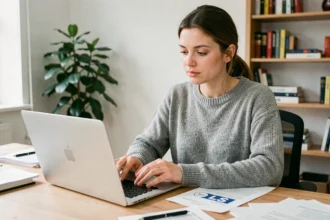 Femme consultant le suivi de colis GLS France sur son ordinateur portable depuis son bureau à domicile