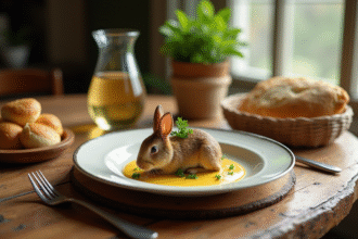 Table rustique pour un repas français avec lapin en sauce