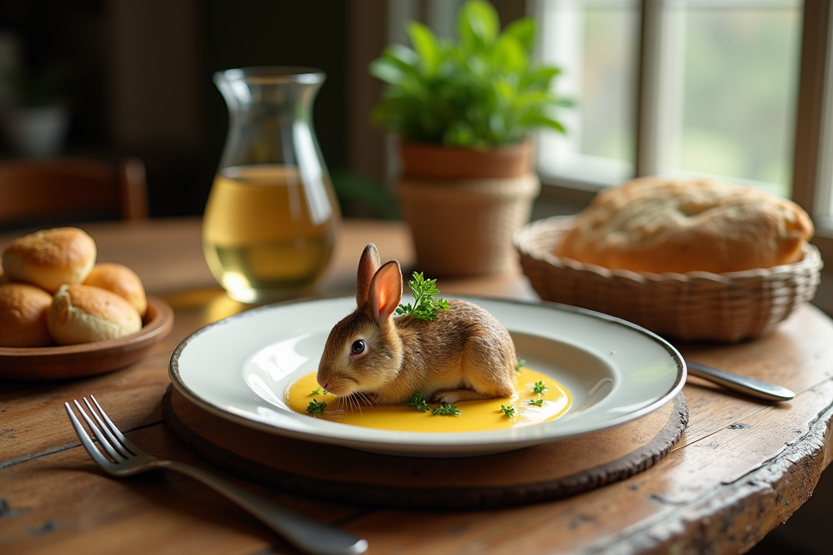Table rustique pour un repas français avec lapin en sauce