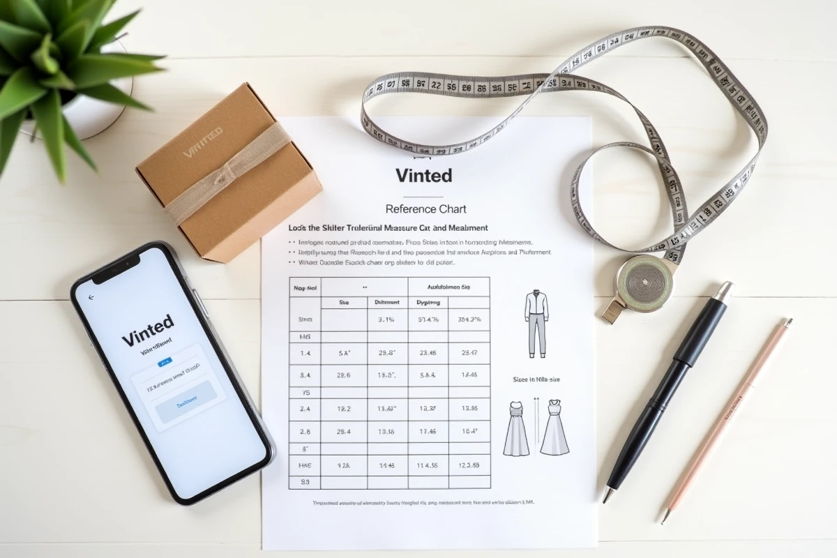 Tableau récapitulatif des tailles de casiers Vinted Go posé sur un bureau avec un colis et un mètre