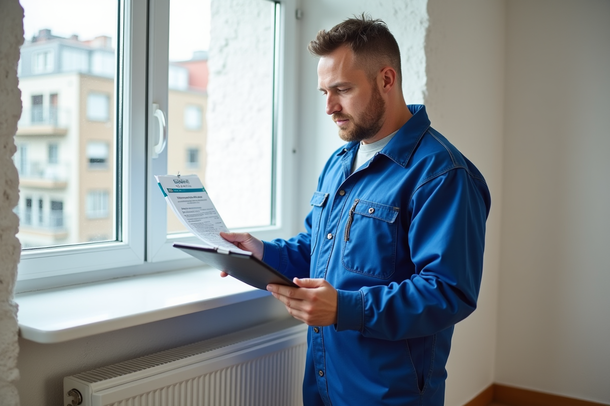 Technicien en overalls bleus vérifiant une isolation dans un appartement