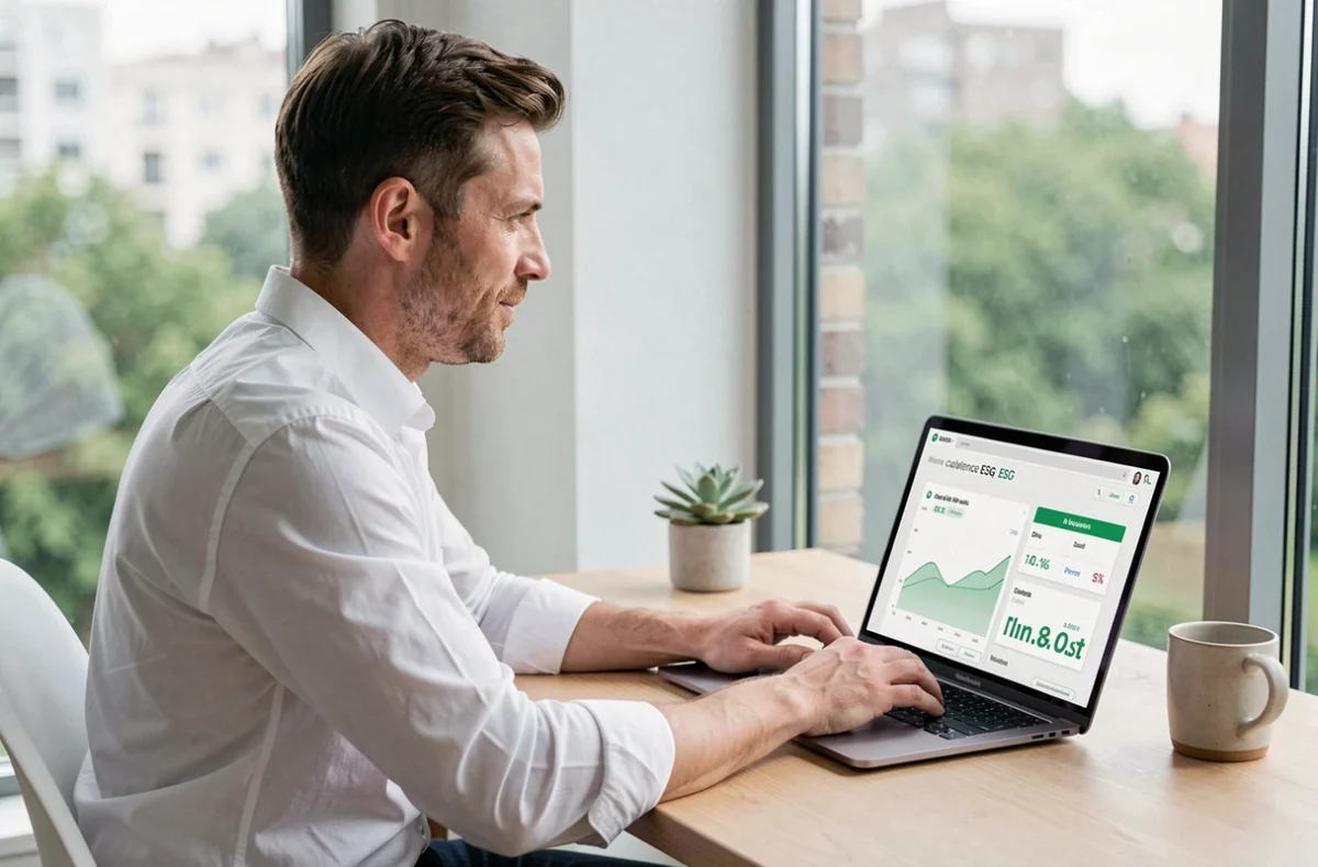 Homme consultant un tableau de bord ESG en télétravail depuis un bureau minimaliste avec vue sur la ville
