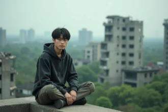 Jeune homme contemplant une ville post-apocalyptique en ruines, ambiance sombre évoquant l'univers de Tengoku Daimakyou saison 2
