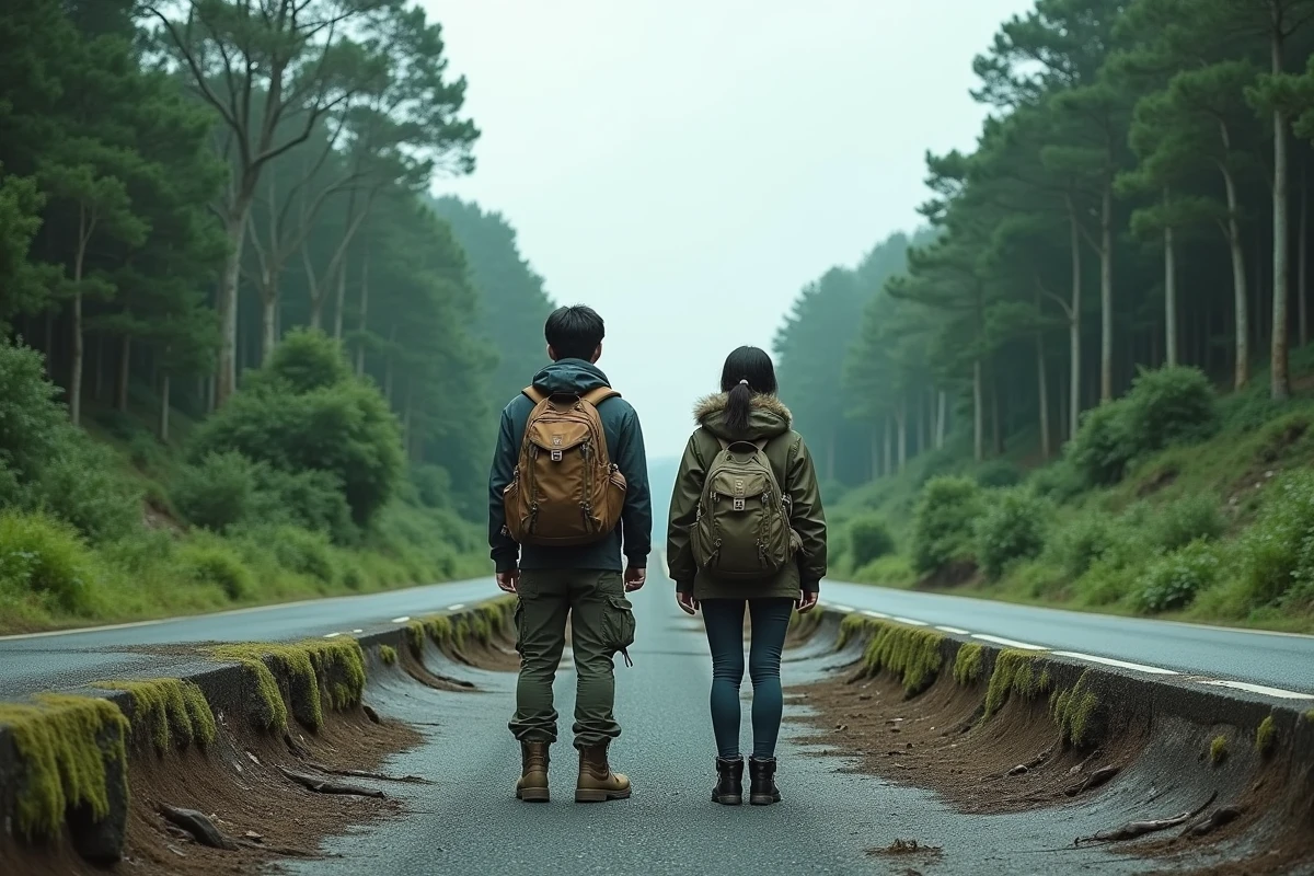 Deux survivants debout sur une autoroute envahie par la végétation dans un monde post-apocalyptique, illustration pour Tengoku Daimakyou saison 2